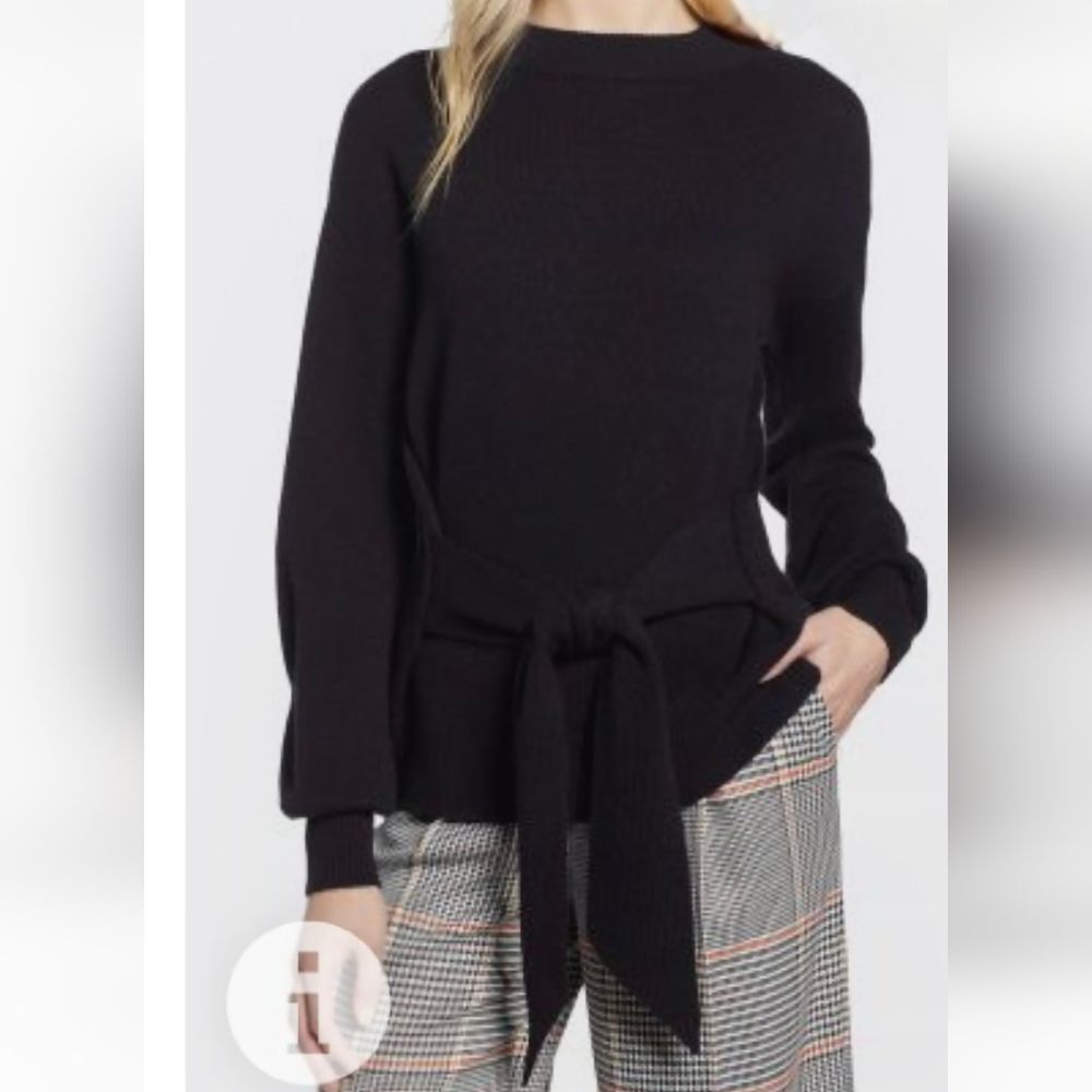Halogen x Atlantic-Pacific Black Wool Cashmere Blend Tie Front Sweater Size XS